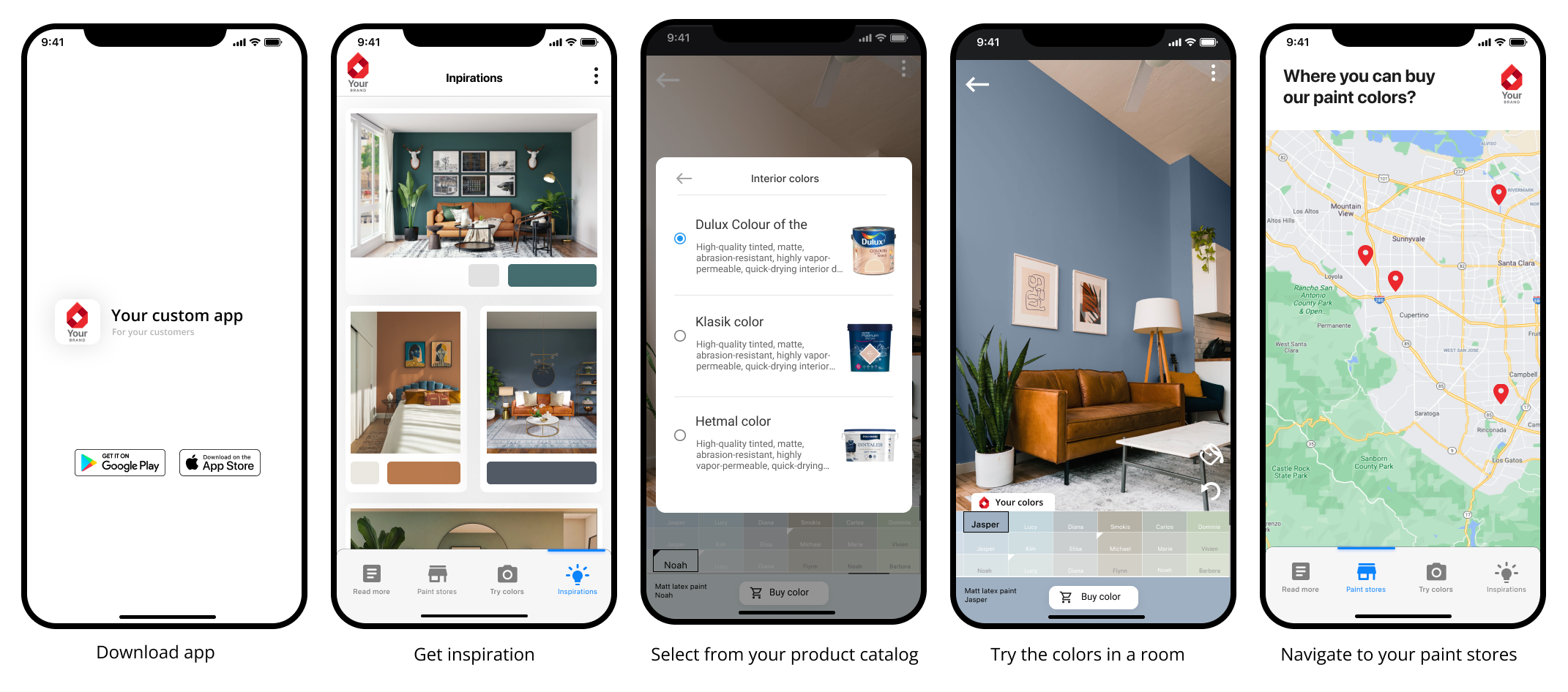 Custom paint visualization mobile app features including store locator, push notifications, and e-shop integration
