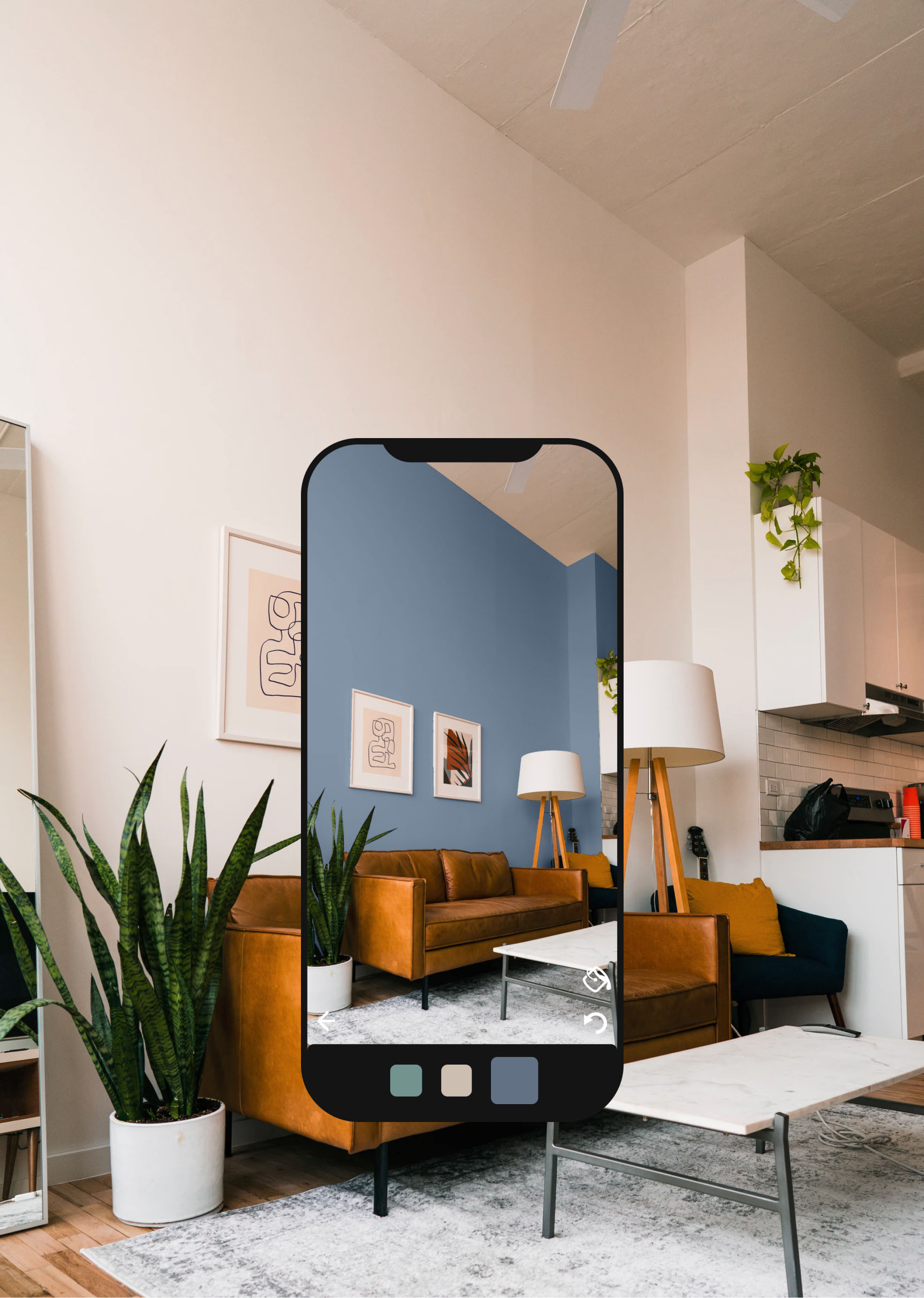 Living room with paint visualization app showing different wall color options